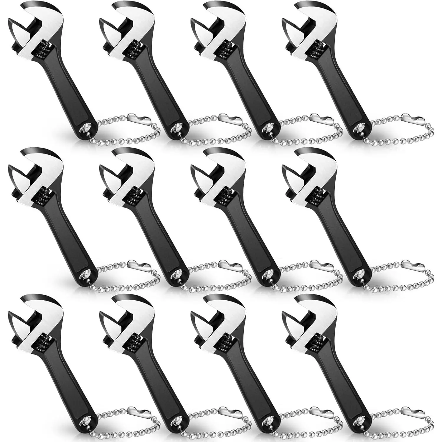 12 count Mini Adjustable Wrench Set, Black Spanner with Chain, Pocket Hand Wrench, Small Wrenches,  Wrenches, Knurl Wide Jaw Repair Maintenance Automotive Tool (2.5 Inch)