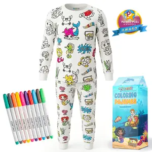 Craftikit Kids' Bamboo Coloring Pajama Set | High Cartoon Graphic Kids Clothing Sleepwear | DIY Activity Gift with 10 Markers for Ages 3-10