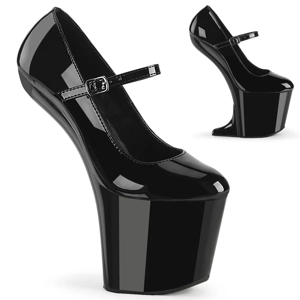 Women's Platform Pumps, Elegant Black Patent Mary Janes with an 8-Inch Heelless Design and Convertible Wedge Attachments, Stylish, Classy, Fashion Apparel, Oxford, 8 In, Statement Shoes, Synthetic, Photo Shoots, Adjustable Strap