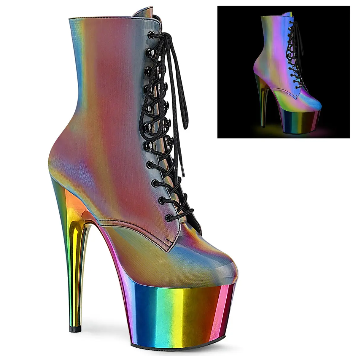 Women's Rainbow Stripe Reflective Lace-Up Platform High Heel Boots, 7-in Heels, Style ADORE-1020RC Statement Shoes Footwear, High Heels