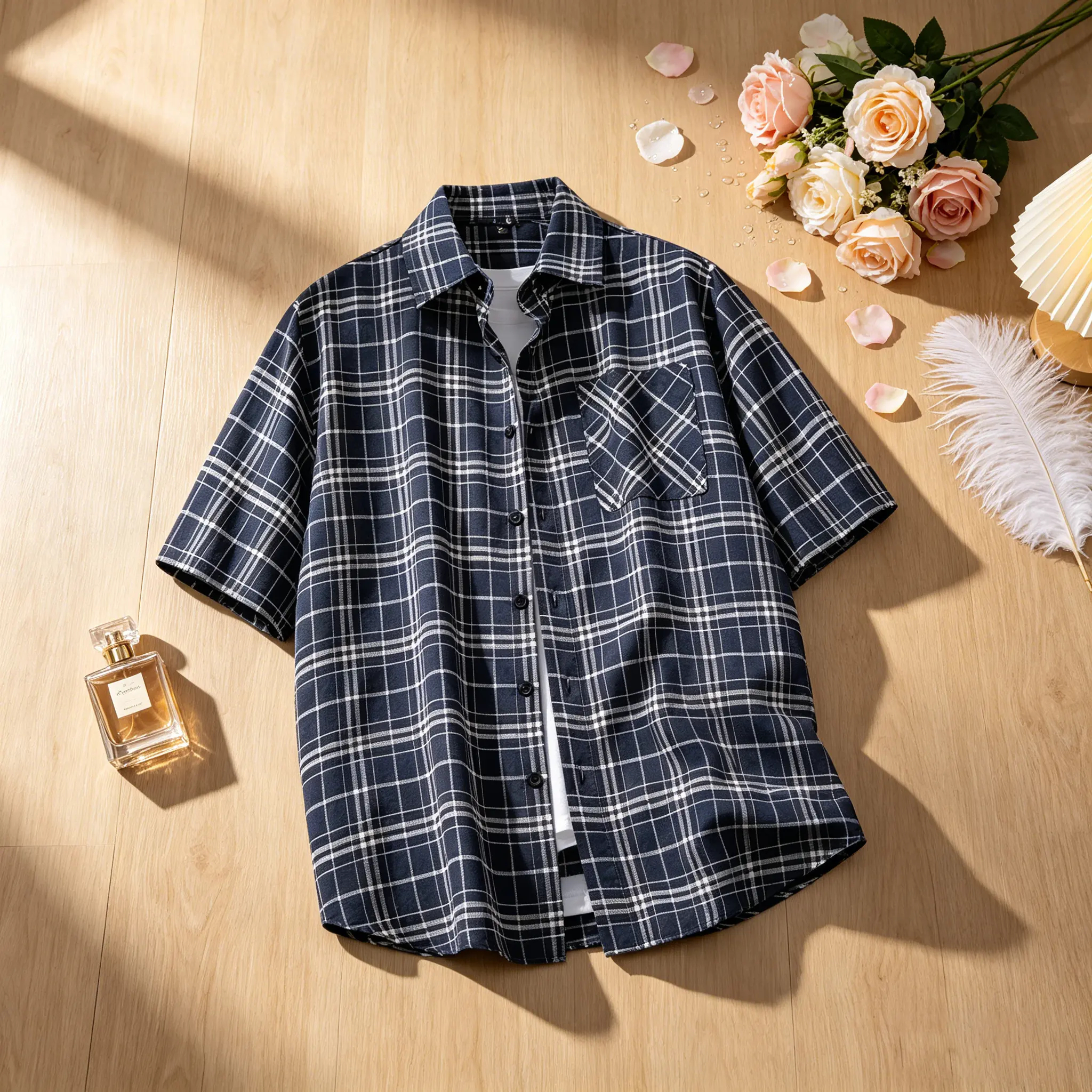 Men's Casual Plaid Turn-Down Collar Buttoned Short Sleeve Shirt with Pocket on Front Suitable for Summer Wear SpringStatements