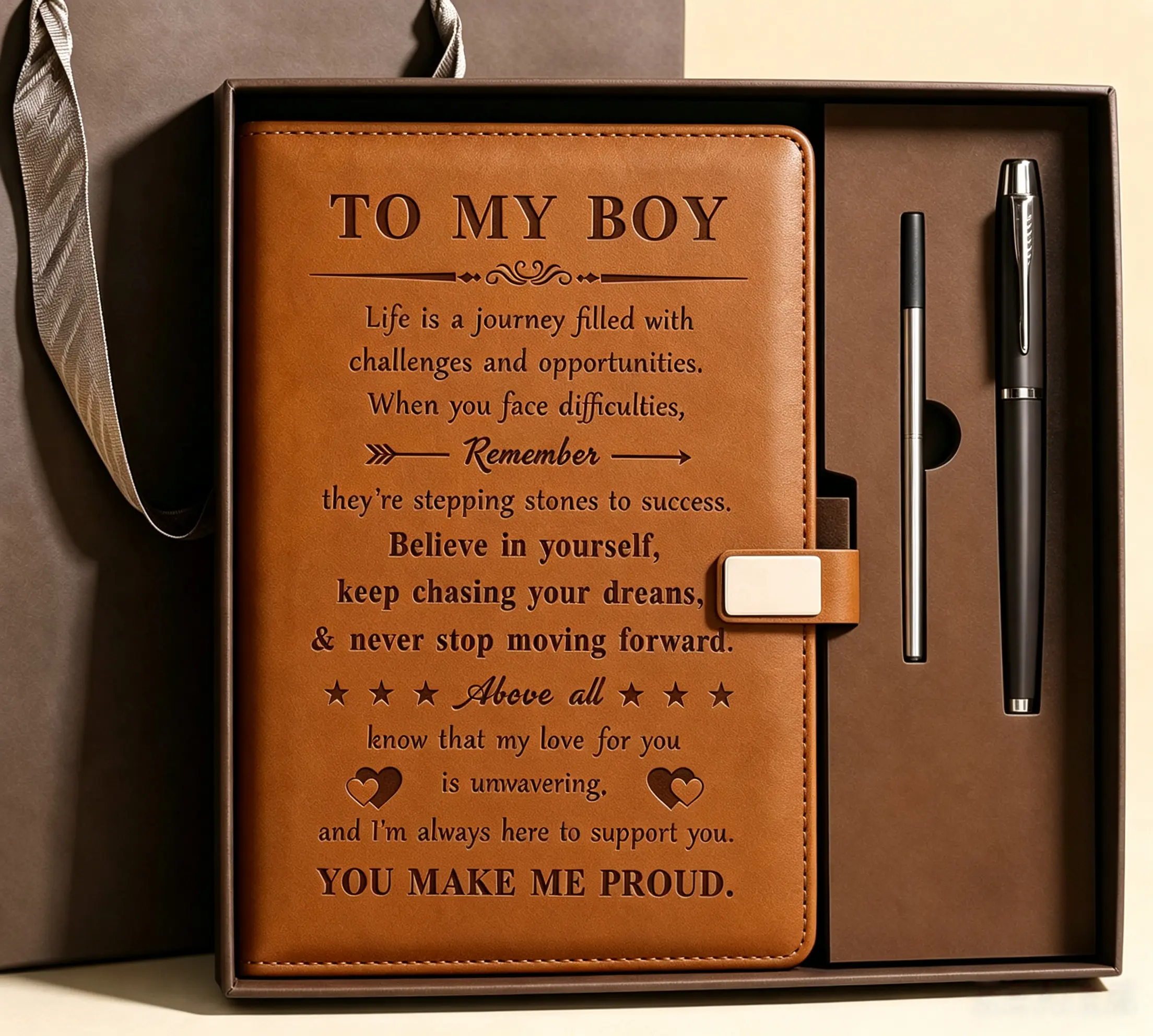To My Boy Leather Journal Pen Gift Set, A5 Engraved PU Notebook with Pen Box, Sentimental Motivational Gift for Son from Mom Dad, Spanish Para Mi Niño Version Available, Graduation Birthday Christmas Keepsake Gift for Teen Boys Young Men
