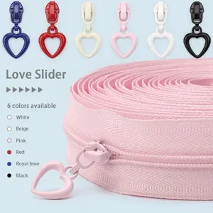 5m Zipper with 10 Heart Pulls, Colorful Zippers for Bags, Sewing Replacement, DIY Wallet Making, Handmade Accessories