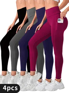 4-Pack Set Women High Waisted Pocket Sports Leggings Yoga Pants, Compression Tights For Workout Running
