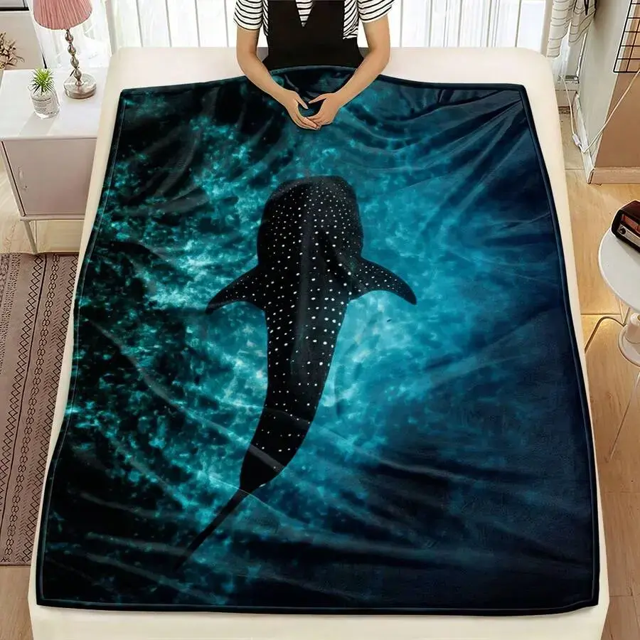 Shark Whale Marine Blanket, Ocean Animal Kids Bed Throw, Lightweight Flannel Blanket for Sea Life Room, Nursery Couch Decor, Beach House Lounge, Blue Animal Print Gift for Boys Girls, Coastal Marine Accent, Ocean Room