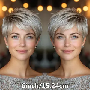 Fashion New-White Brazilian Remy Hair Wig in Gray Color, Designed for Women, Featuring a 6-Inch Length And 150% Density, Perfect for Everyday Use.