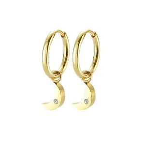 Stately Steel Stainless Steel Moon CZ Dangle Earrings