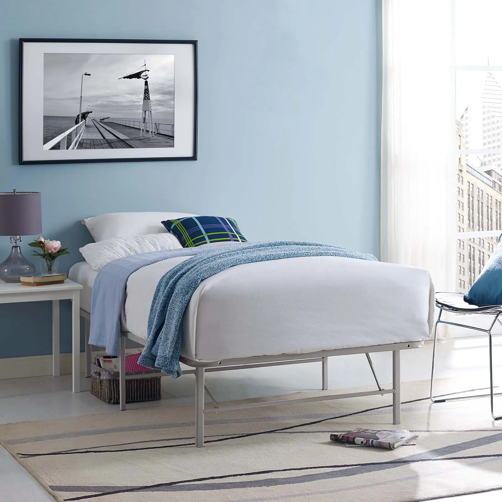 Modway Sturdy Platform Twin Modern Bed Frame - Heavy-Duty Low-Profile Stainless Steel Metal, Gray Finish, Easily Folds Away, No Tools Required, Non-Marking Foot Caps, Prevents Saggy Mattresses, Increases Mattress Lifespan, Indoor Use, Horizon Alternative