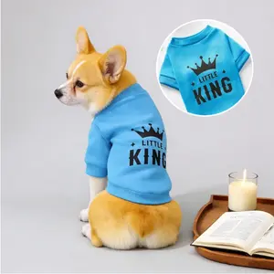 Crown Print Pet Sweatshirt for Dogs & Cats Soft Blue Pullover with Ribbed Cuffs Striped Letter Design Little King Theme