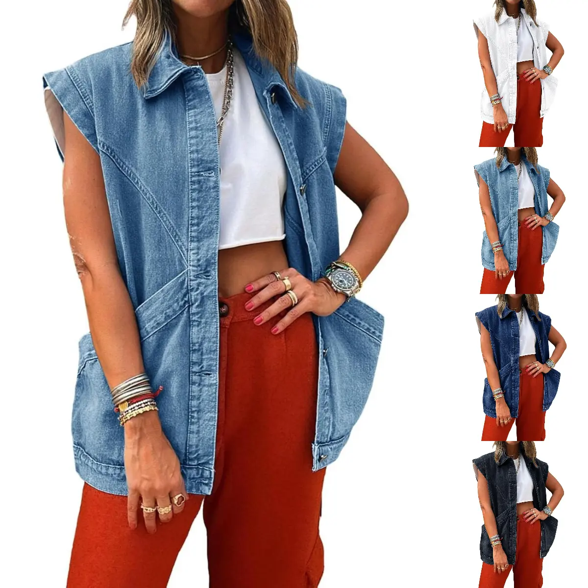 FMEYOA XS~XXL Oversized Women Sleeveless Denim Vest Classic Button Down Jean Vest Casual Utility Lapel Jean Jacket