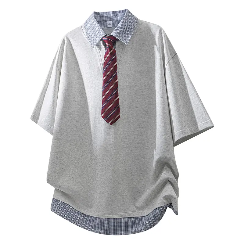 Men's Heather Gray Fake Two Piece Plaid Collar Polo Short Sleeve T-Shirt With Matching Striped Tie, Layered Hem Loose Oversized Preppy Style Casual Tee For Summer Daily Streetwear Outfits