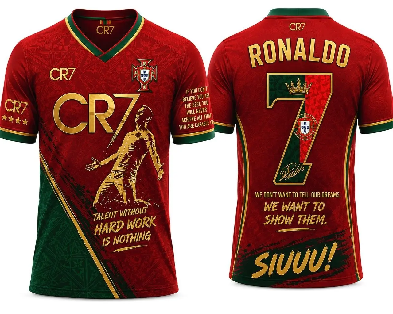 CR 7 #7 Portugal Soccer Jersey, Red and Green Portuguese Football Shirt, Inspirational Graphic Jersey, Fan Outfit, Soccer Supporter Gift for Men and Women, Gift For Him, Gift For Her.