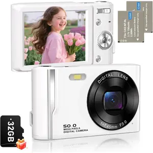 50MP 4K Digital Camera for Photography, Autofocus Vlogging Camera with 32GB TF Card & 2 , 16X Zoom Compact Point and Shoot Camera for  Teens Beginners, White
