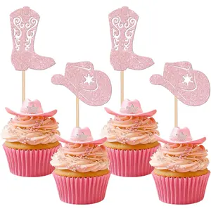 24 PCS Cowboy Cupcake Toppers Glitter Cowgirl Hats Boots Cupcake Picks Western Party Decorations for Boys Girls Western Theme Baby Shower Birthday Party Cake Decorations Supplies Light Pink