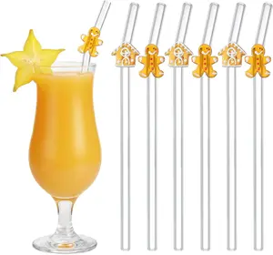 Christmas Gingerbread Glass Straw Set (6 pcs) – Reusable Bent Glass Straws with Gingerbread Man + House Charms | 8” Borosilicate | Cute Holiday Drink & Hot Cocoa Accessories SiliFine