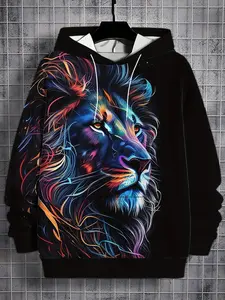 Men's 3D Printed Lion Hoodie - Casual Polyester Knitted Fabric, Regular Version, Mature Style, Slightly Elastic, 200g/m2 - Spring and Autumn Animal Pattern Long Sleeve Hoodie, Graphic Hoodies