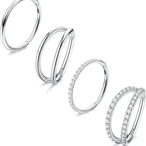 4PCS 18G Nose Rings Hoops, Surgical Steel Earrings Tragus Septum Piercing CZ Clicker Ring, Hinged Segment Conch Lip Cartilage Double Hoops 8mm 10mm For Women Men Nose Piercing Jewelry