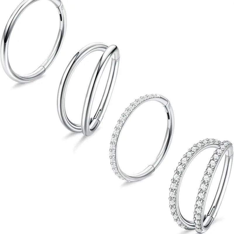 4PCS 18G Nose Rings Hoops, Surgical Steel Earrings Tragus Septum Piercing CZ Clicker Ring, Hinged Segment Conch Lip Cartilage Double Hoops 8mm 10mm For Women Men Nose Piercing Jewelry