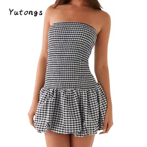 Women's Mini Plaid Bandeau Dress Sleeveless Off Shoulder Puffball Tube Top Dress