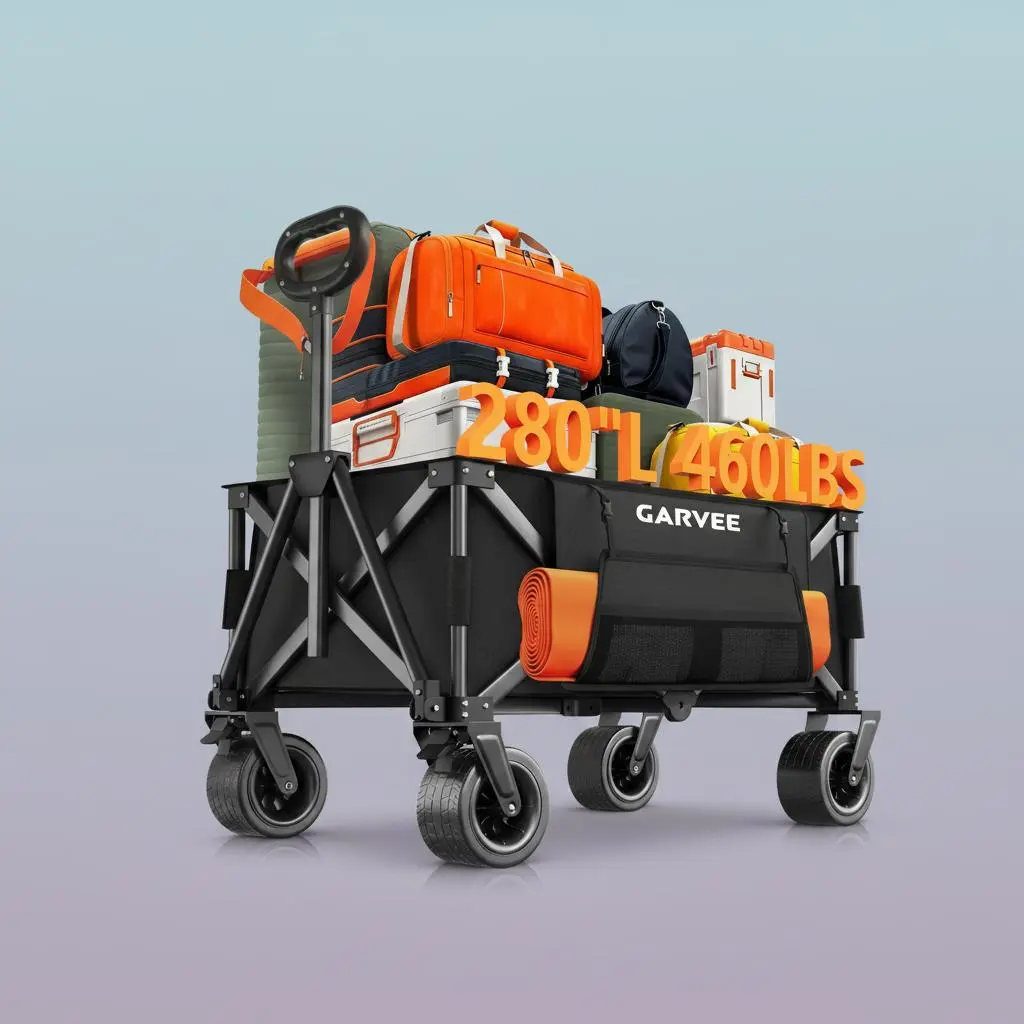 Collapsible Camping Wagon Cart – Heavy Duty Outdoor Utility Trolley with 8” Off-Road Wheels, Compact Folding Storage & Durable Oxford Fabric for Beach, Lawn & Travel