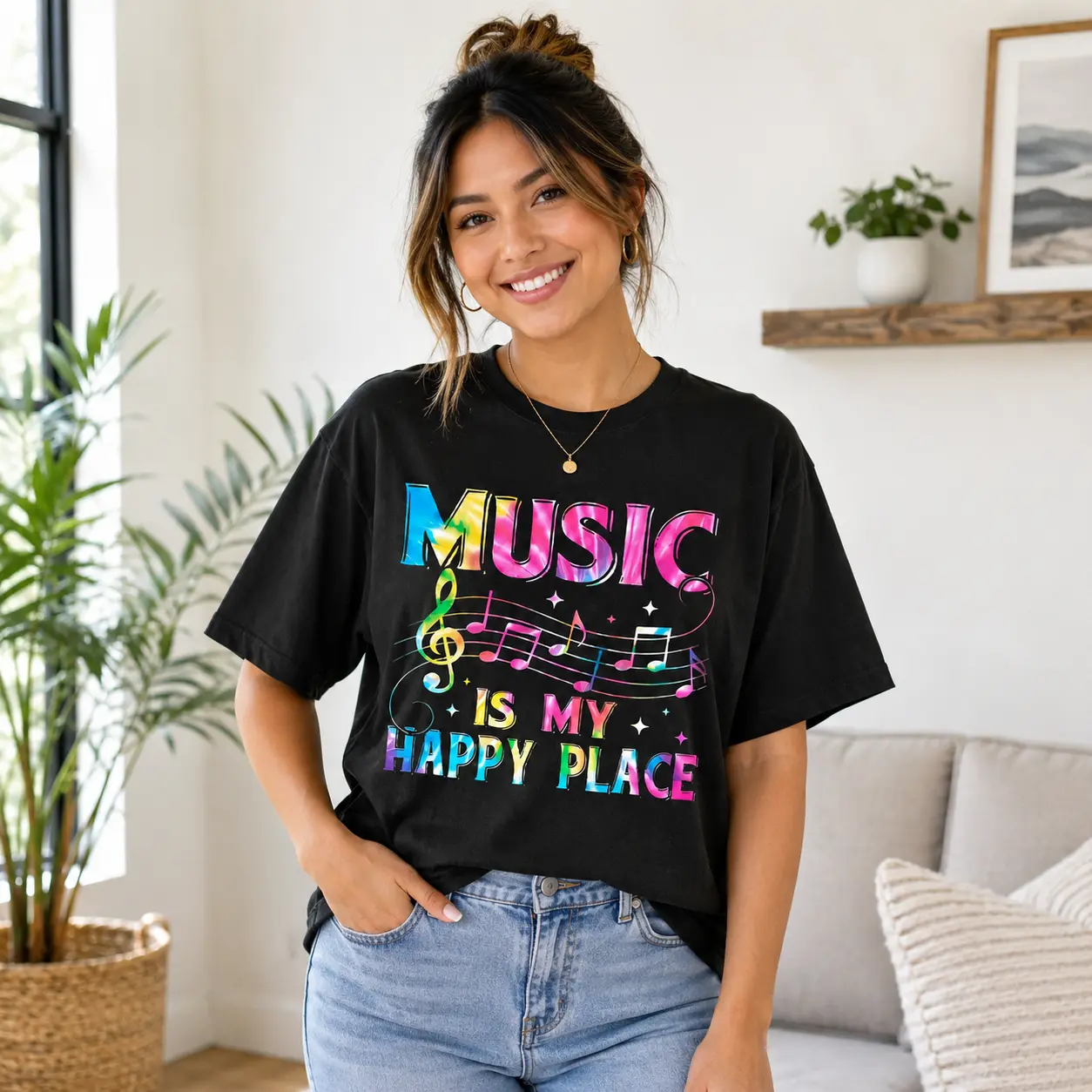 Women's 100% Cotton Musical Graphic Tee - Tie Dye Music Notes Print, Music Lover Theme, Casual Happy Place Tops