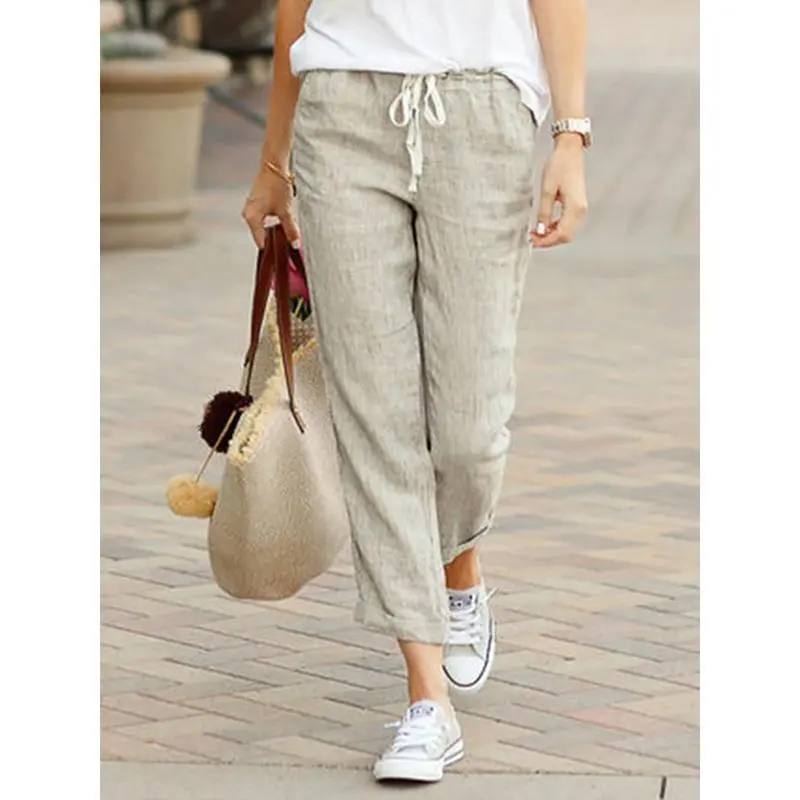 Women Elegant Simple Pants Fashion Drawstring Design Solid Color Cropped Pants Loose Causal Elastic Waist Office Lady Trousers