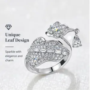 Leaf Design Solitaire Lab-Grown Moissanite with Full Diamond Accents, Adjustable Open Setting, Premium Feel — Wedding Bridal Accessory oval cut classic prong set cz cushion rope color vvs1 clarity moissanite light luxury marquise band engagement jewelry