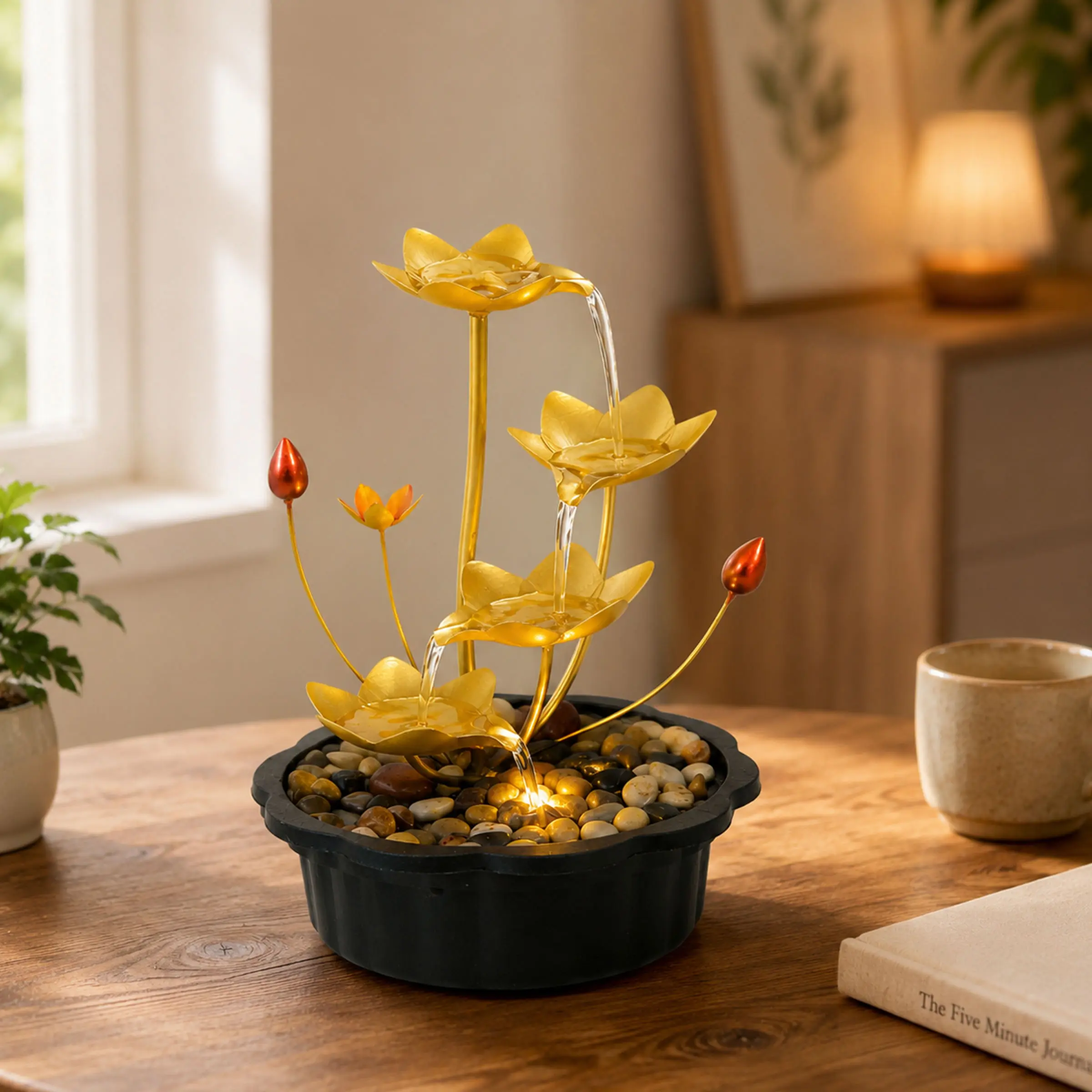 LED Tabletop Water Fountain - Tiered Lotus Leaf Indoor Desk Fountain with Pump & Pebbles for Office Desk, Living Room, Meditation