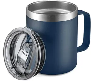 12oz Stainless Steel Insulated Coffee Mug with Handle, Double Wall Vacuum Travel Mug, Tumbler Cup with Sliding Lid, Navy