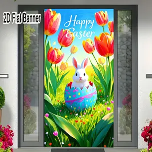 2D flat banner, 1pcCute White Rabbit in Egg Shell Easter Backdrop, Spring Flower Tulip Green Grass Scene Happy Easter Party Decorations for TikTok Video Backgroundgalentines party decor, valentine day decor, decorations for valentines day