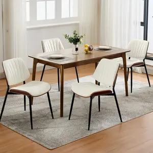 Classic Design Dining Chairs Set – Padded, PU Leather Seat, Curved Walnut Wood Backrest, Sturdy Metal Legs, Comfortable & Durable – For Kitchen or Dining Room – Black, Set of 4