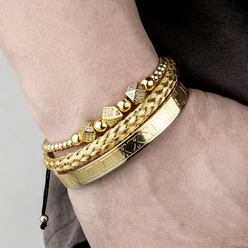 Classical Handmade Braiding Bracelet Gold Color Hip Hop Men Pave CZ Zircon Geometry Roman Numeral Luxury Jewelry