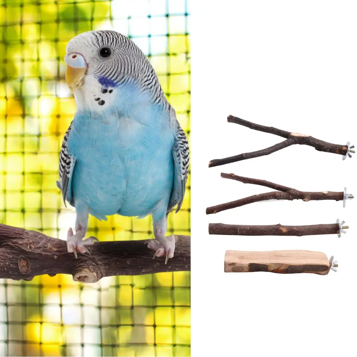 4-Pack Natural Wood Bird Perch Set - Parrot Fork Branches, 5.1"x2"/13cmx5cm Hanging Platform, 7.9"/20cm Length Hammock Swing Toy for Small Parakeets, Canaries (Garden Specialty Bird Cage Accessory), Stable Platform