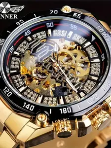 Men's Luxury Automatic Mechanical Watch with Skeleton Dial, Stainless Steel Band & Crystal Accents, Perfect for Formal and Casual Wear, Mechanical Style Watches