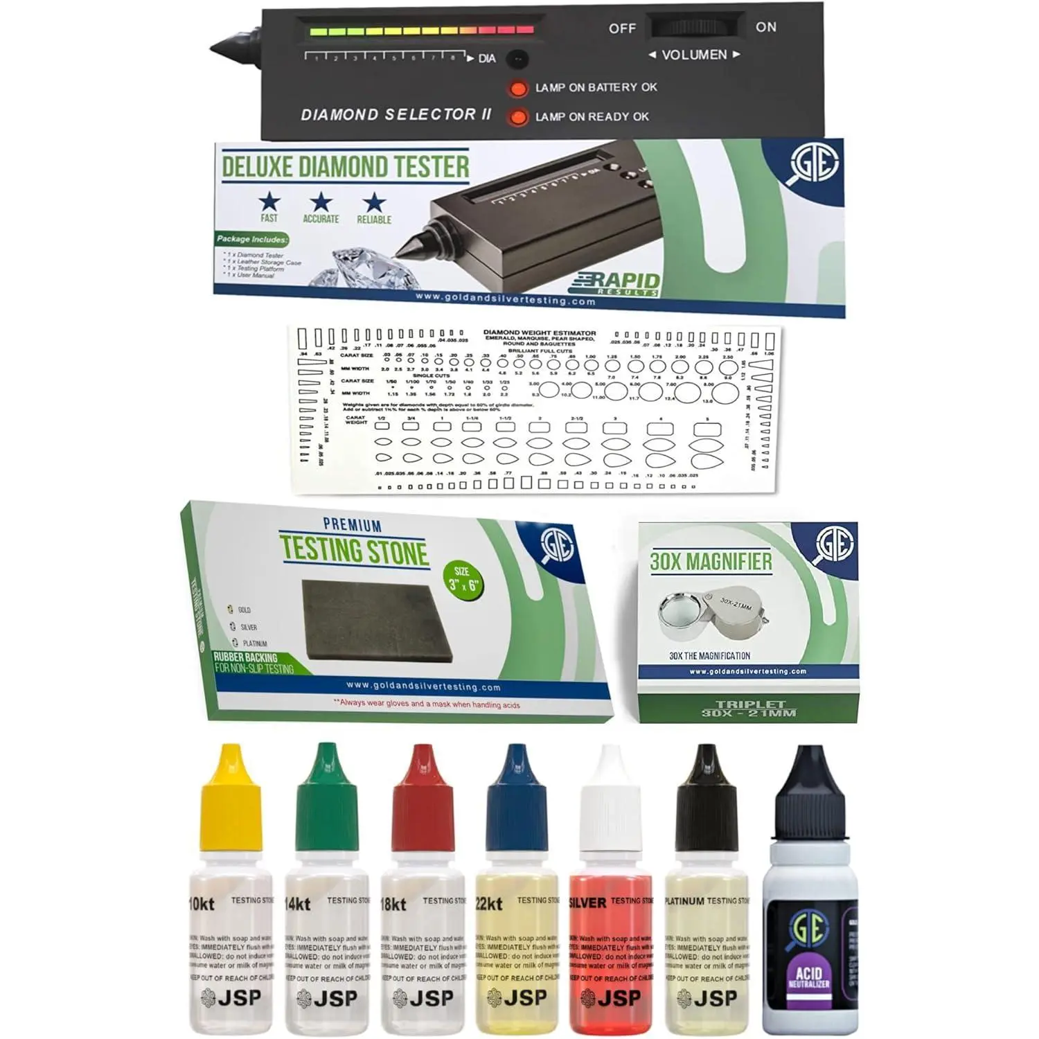 JSP GTE Electronic Digital Purity Tester 12-Piece Electrical Measuring Tool Kit with Audible Alerts, Rubber Backed for Diamonds, Gemstones, Moissanites, Precious Metals, Jewellery, Silver, Platinum, U.S. Acids (Ideal for Auctions, Estate Sales), Diamond S