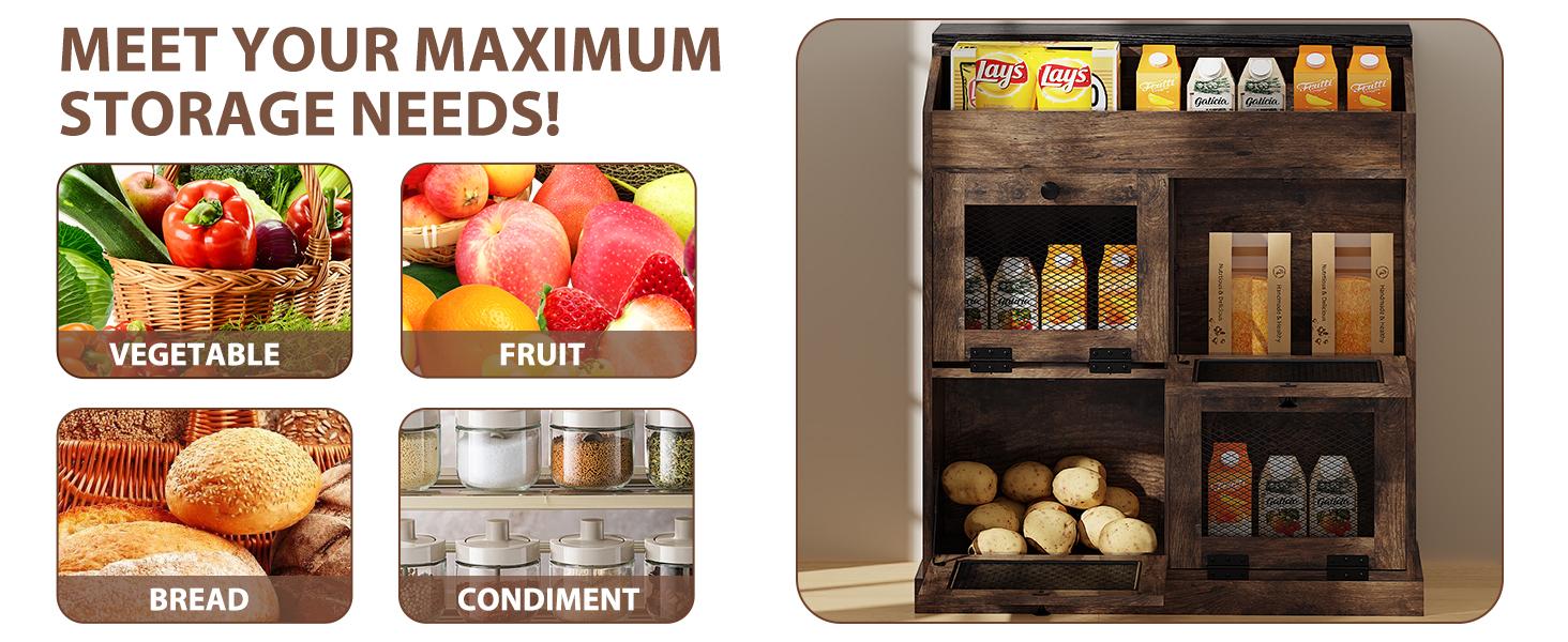 Large Potato Storage Wood Bin, Wooden Bread Storage Bins, Decorative Potato and Onion Storage Bin with 4 Doors, Potato Bin with Grocery Section, Wooden Vegetable Storage Box with Lid