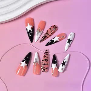 Star & Striped Pattern Fake Nails, 10pcs/set Long Coffin Press on Nails for Women & Girls DIY Nail Art Design, Elegant Stick on Nails Kit