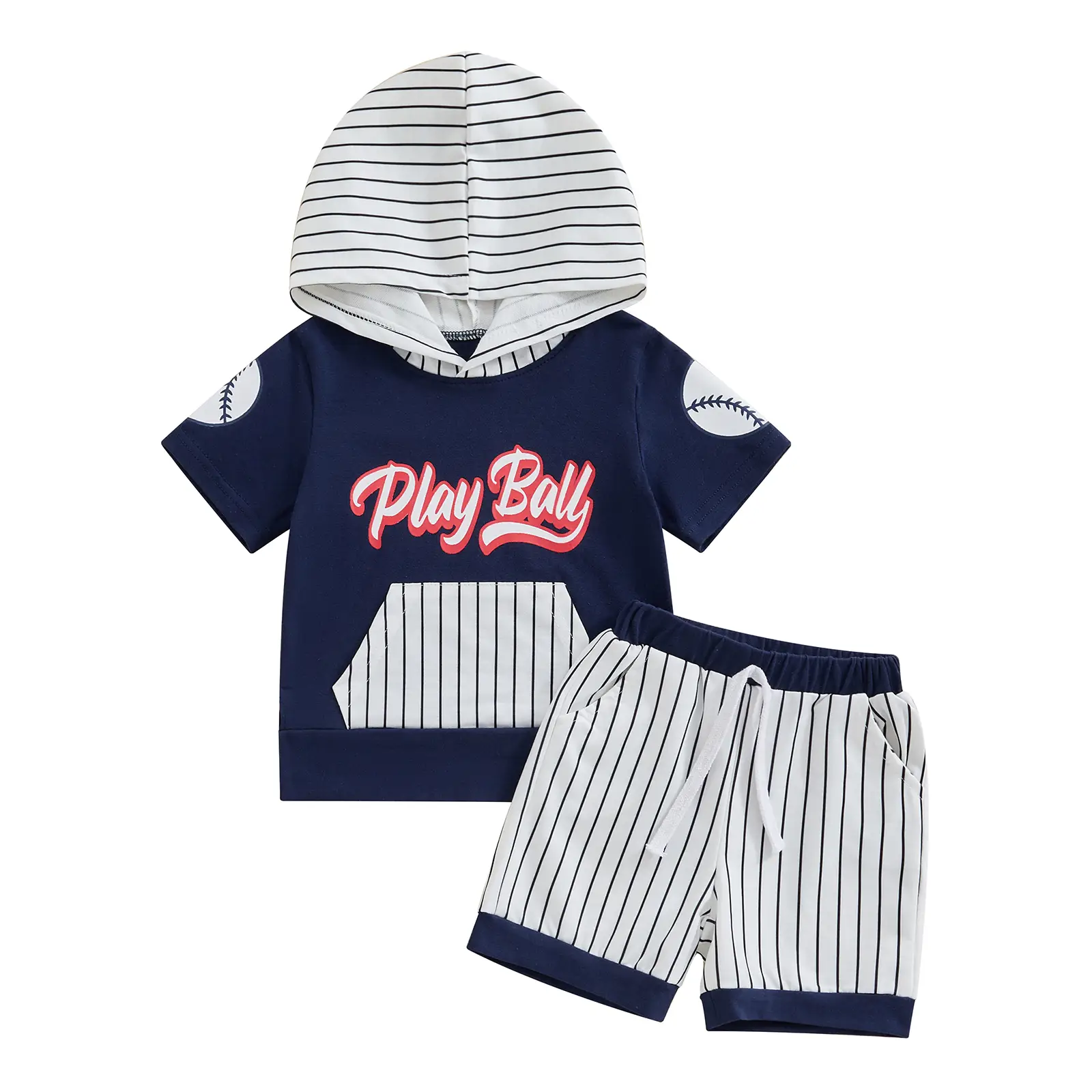 Toddler Baby Boy Baseball Outfits Short Sleeve Play Ball Hoodie T-shirt Tops Striped Jogger Shorts Set Summer Clothes 2Pcs Sweatsuit #Springtok