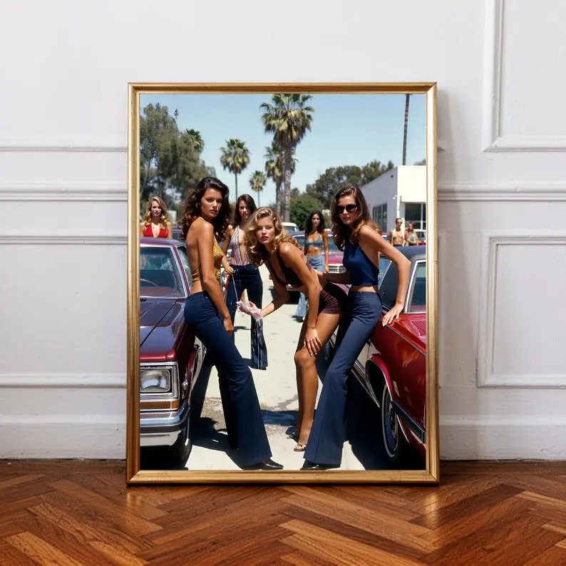 Vintage California Girl Gang Poster, Retro Car Fashion Wall, Summer Road Trip Print, Palm Trees Lifestyle Decor, 70s Editorial Photography