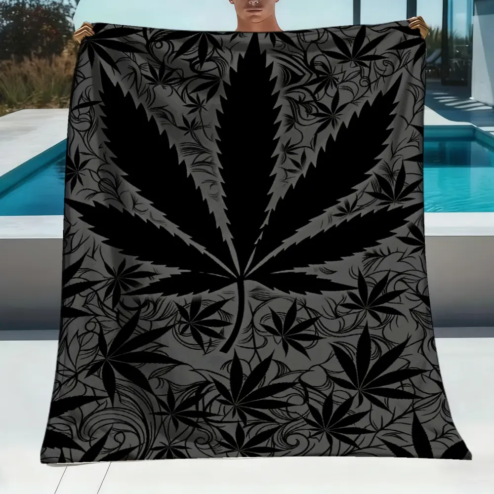Cannabis Leaf Flannel Blanket, Black Gray Weed Leaf Throw Blanket, Soft Cozy Fleece Blanket for Sofa Couch Bed, Dark Psychedelic Stoner Room Decor, Marijuana Leaf Pattern Blanket, Puff Puff Pass Gift for Cannabis Lovers, Unique Bedroom Decor Gift,