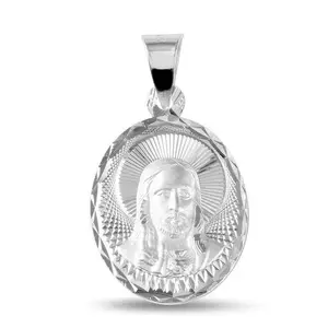 925 Sterling Silver Oval High Polished Diamond Cut Jesus Medallion