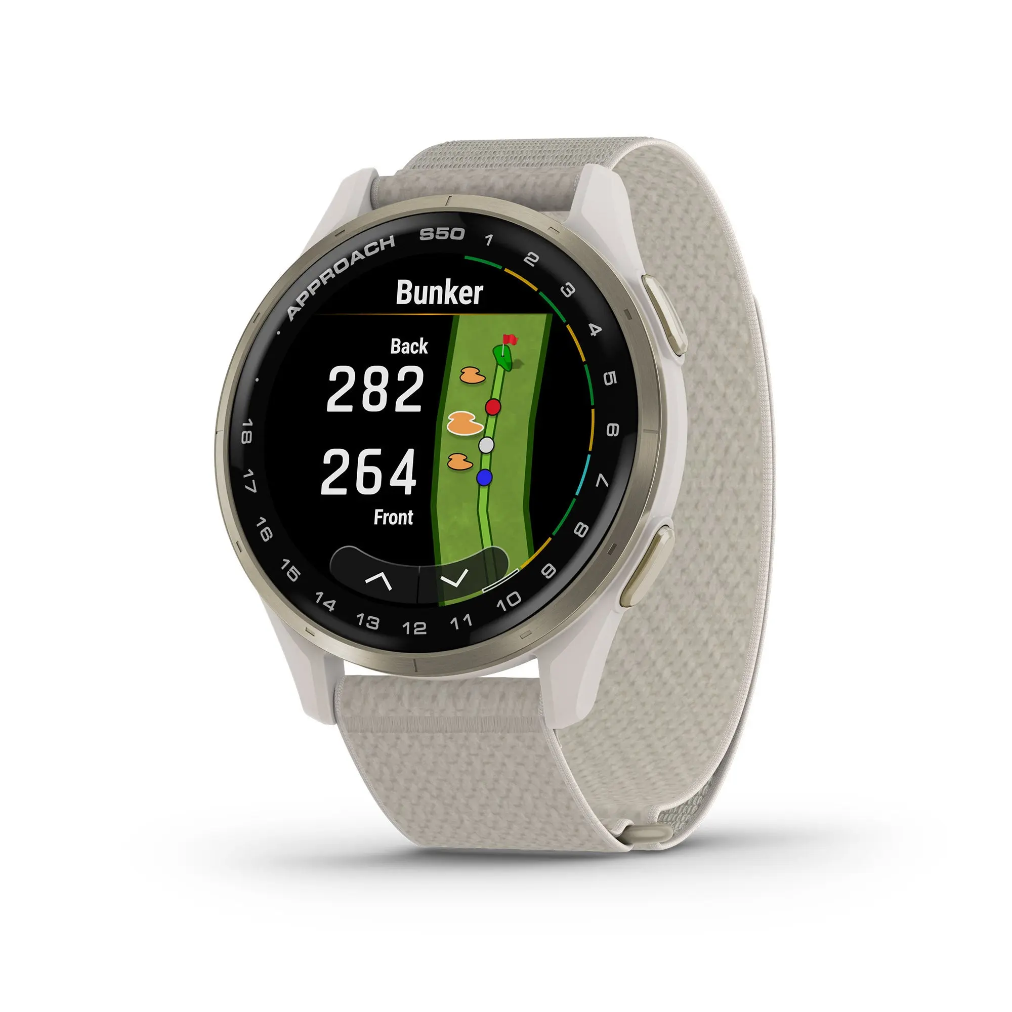 Garmin Approach S50 GPS Golf Smartwatch - Wearable Touchscreen Device with Monitoring & Calorie Tracker, Cream Gold Aluminum Bezel, Ivory ComfortFit Nylon Band