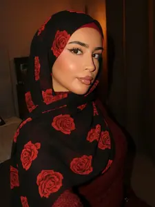 Boho Rose Print Long Jersey Hijab, Fitted Floral Design, Romantic Fashionable Silk Shawl Scarf for Women, All Seasons Travel Accessory