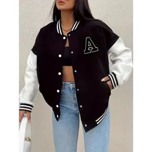 1pc Women'S Casual Letter A Letterman Jacket - Polyester Knit Fabric, Baseball Collar, Solid Color, Fall/Winter Fashion Long Sleeve Bomber Jacket