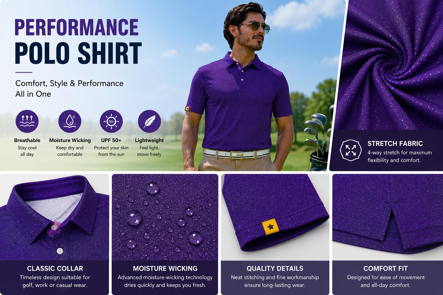 ZITY Men's 3-Pack Polyester Short-Sleeve Golf Polo Shirts - UPF 50+, Moisture Wicking, Polka Dot Print, Breathable Performance Fabric for Casual Outdoor Wear, Polka Dots