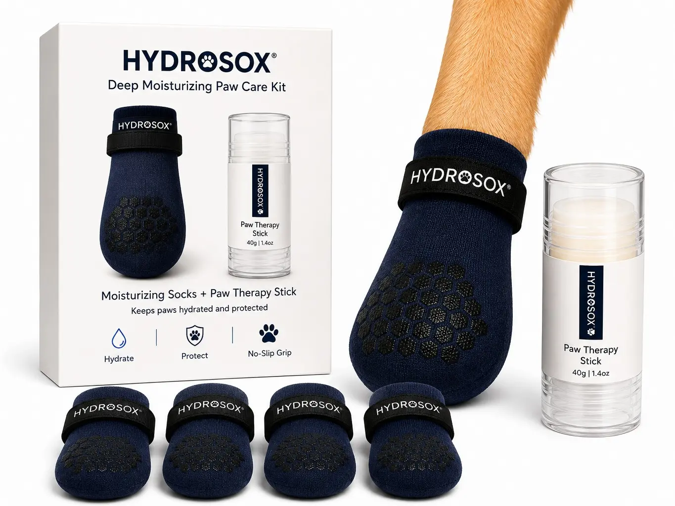 Dog Paw Spa Kit - Natural Therapy Balm, 4 Non-Slip Socks for Dry Cracked Paw Pads, Anti-Lick Protection, Spandex-Acrylic-Cotton Blend, Hexagon Design, One Size