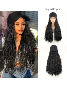 Elegant Women's Baseball Cap with Long, Wavy Synthetic Hair Extension — Adjustable, Heat-Resistant, Ideal for Daily Wear; Curly Style Wig Accessory, Synthetic Bodywave Wig
