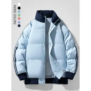 Men's Colorblock & Striped Print Button Front Pocket Jacket, Regular Fit Casual Drop Shoulder Long Sleeve Stand Collar Outerwear for Winter, Men's Clothes for Daily Wear