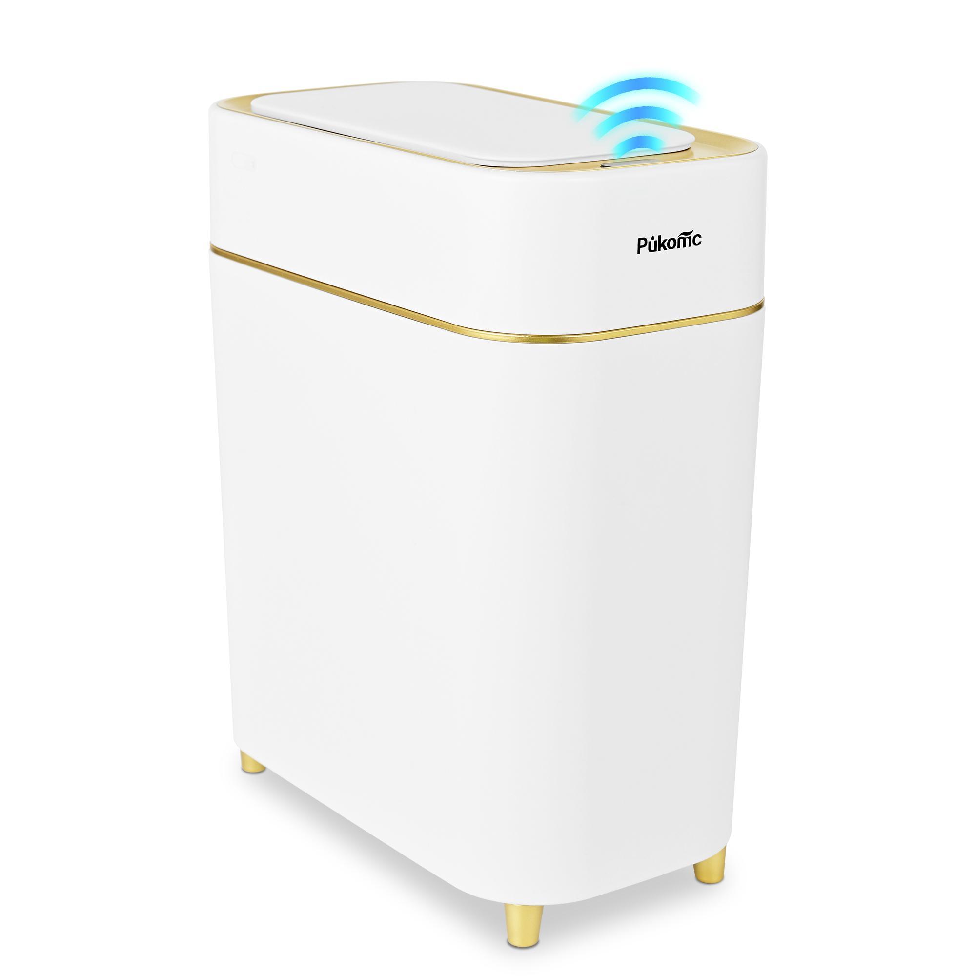 Pukomc Auto-Sensor Trash Bin - Wave & Knee Induction Quick Voiceless Open Removable Liner Battery-Powered Motion Sensor Touchless Waterproof Durable Multipurpose Reusable Automatic Plastic White Gold summerwins