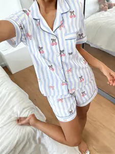 Women's Short Sleeve Shorts Cardigan Pajama Set Pyjamas, Blue Striped Cherry Bow Print, Casual Loose Fit Home Wear Loungewear, Comfortable All Seasons Pjs Nightwear